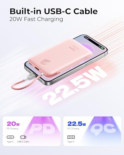 VIYISI 0.58” Slim Portable Charger Small 10000mAh with Built-in USB C Cable - color: Pink