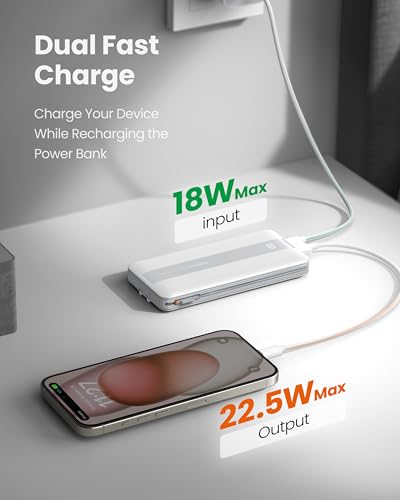 Fast Charging Power Bank, USB C Portable Charger Built-in Cables and Wall Plug, 10500mAh 22.5W 4 Outputs 3 Inputs LED Display External Battery Pack Compatible with iPhone/Android (White) - color: White