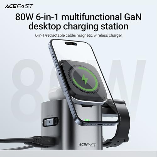ACEFAST 6-in-1 80W Foldable GaN Wireless Fast Charging Station for iPhone 17/16/15 Series, Desktop Magnetic Wireless Charger Dock Station with USB C Rretractable Cable for AirPods 2/3/4/Pro 2/Pro 3
