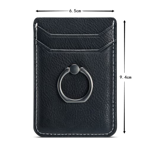Card Holder Sleeve with Ring, RFID Credit Wallet Synthetic Leather Stick On Back Grip for iPhone Samsung Smartphone - Black - color: Cow Black