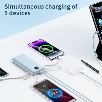 Portable Charger 10000mAh 22.5W Power Bank,Built-in 3 Cables & AC Wall Plug - color: Blue