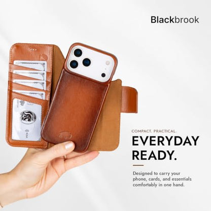 BLACKBROOK Detachable Leather Wallet Case Compatible with iPhone 17 Pro | Full-grain detachable folio with RFID blocking, 3 card slots, ID window, built-in kickstand, wireless charging, handcrafted. - color: Burnished Tan, size: iPhone 17 Pro