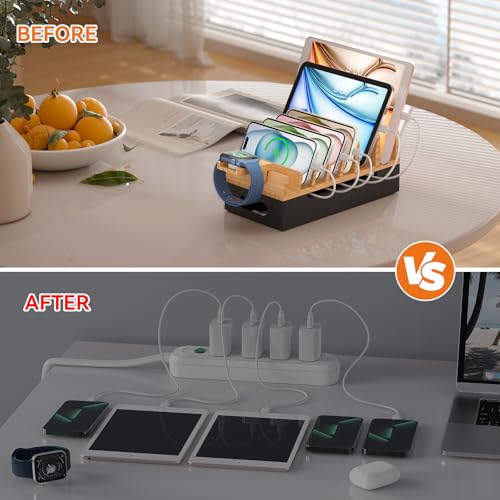 Bamboo Charging Stand for Multiple Devices Phone Watch Stand-Natural+Black - color: Natural + Black (No USB Charger)