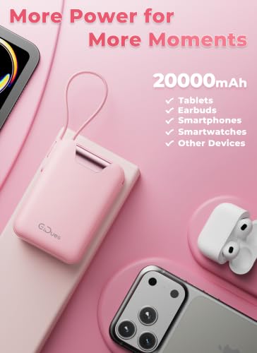 M2 Portable Charger, 20000mAh Power Bank, PD 35W Ultra Fast USB-C Built-in Cable, Compact Cute Mini External Battery Pack for iPhone, Samsung, Android iPad (Pink) - color: Pink