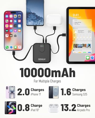 Small Portable Charger with Built-in Cables,22.5W Fast Charging Power Bank,USB-C Mini Battery Pack 10000mAh,Travel Essential Powerbank for iPhone Samsung Android iPad MacBook,Black - color: black