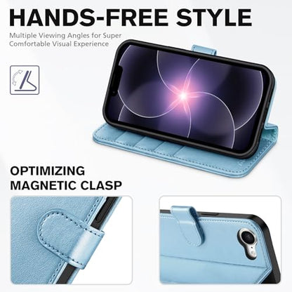 TUCCH Wallet Case for iPhone 17e & 16e 6.1", Flip Stand, Pearly Light Blue | RFID Blocking, 4 Card Holders, Kickstand, PU Leather, Shockproof TPU Shell, Magnetic Closure, Protective Folio Cover - color: Pearly Light Blue