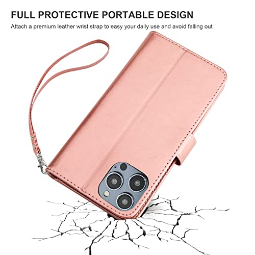 Bocasal Detachable Wallet Case Card Holder for iPhone 14 Pro Max Rose Gold | RFID Blocking Kickstand Card Slots Holder PU Leather Magnetic Shockproof Wrist Strap Removable Flip Protective Cover 6.7 inch - color: Rose Gold