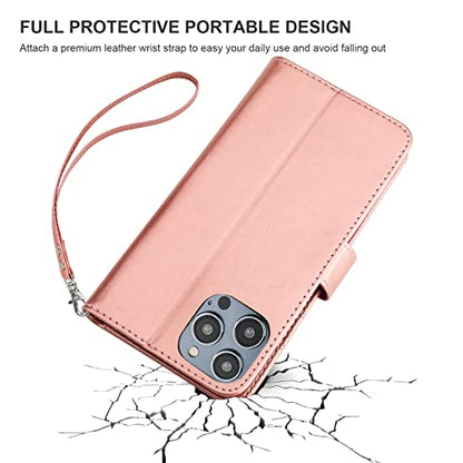 Bocasal Detachable Wallet Case Card Holder for iPhone 14 Pro Max Rose Gold | RFID Blocking Kickstand Card Slots Holder PU Leather Magnetic Shockproof Wrist Strap Removable Flip Protective Cover 6.7 inch - color: Rose Gold