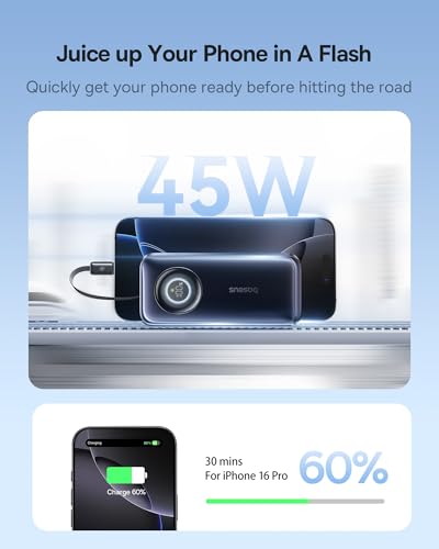 Baseus Enercore Power Bank, 10000mAh Fast Charging Portable Charger Built-in 45W Retractable USB-C Cable, Battery Pack for iPhone 16/15 Series, Samsung, Google Pixel, iPad, AirPods, Drone, Go Pro