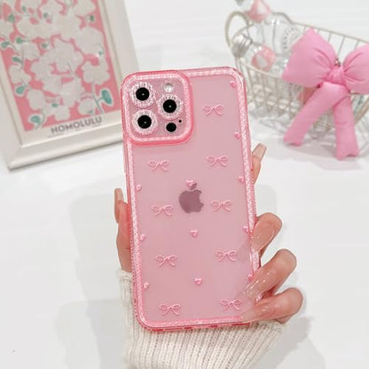 NITITOP Compatible with iPhone 13 Pro Max Case Cute Clear Pink Glitter Bow Knot Design Shiny Star Sparkle Bling Diamond Girls Women Soft TPU Shockproof Protective Phone Cover - Little Bow Heart - color: Little Bow Heart, size: iPhone 13 Pro Max