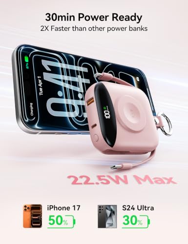 Portable Charger 10000mAh 22.5W Power Bank Built-in 2 Cables Keychain | Charge 5 Devices, TSA approved, Travel Fast Charging Battery Pack for iPhone Samsung Google Android & iWatch Charger, Pink - color: Pink