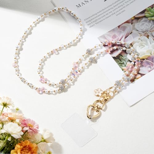 WOZEAH Crystal Cell Phone Lanyard Crossbody Strap for Women, Beaded Phone Strap for Cellphone Case with Tether Tab - color: Pearl Flower