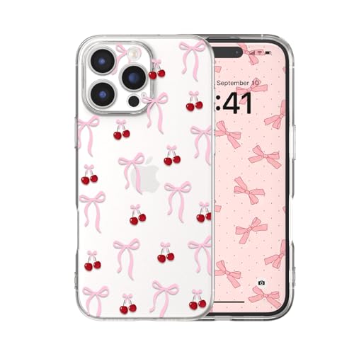 for iPhone 16 Pro Max Case, Ribbon | Cute Bow Cherry Aesthetic Clear Pattern Women Girls, Girly Transparent Soft Slim TPU Shockproof Protective Cover - color: Ribbon, size: for iPhone 16 Pro Max