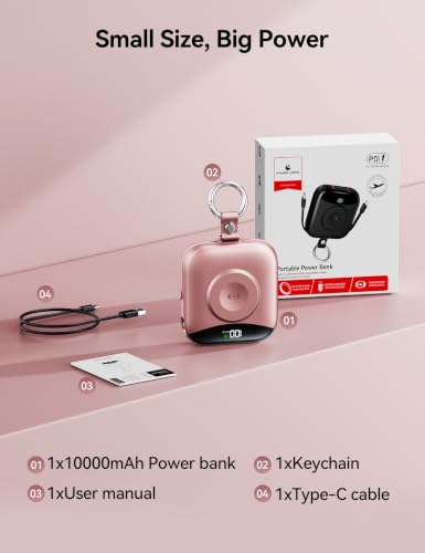 Portable Charger 10000mAh 22.5W Power Bank Built-in 2 Cables Keychain - color: Rose Gold