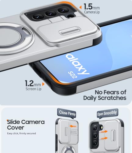 JAME for Samsung Galaxy S22 Case with Ring Stand & Slide Camera Cover - color: Silver, size: Galaxy S22