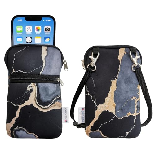 Tainada Small Crossbody Zipper Phone Neck Pouch (Marble Black) mini Neoprene Dual Zip Wallet Purse Bag; Water-Resistant, Shockproof, Lightweight; Adjustable & Detachable Strap - color: Marble Black