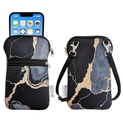 Tainada Small Crossbody Zipper Phone Neck Pouch (Marble Black) mini Neoprene Dual Zip Wallet Purse Bag; Water-Resistant, Shockproof, Lightweight; Adjustable & Detachable Strap - color: Marble Black
