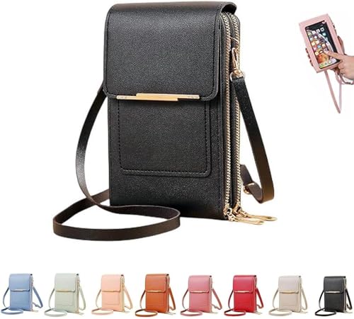 Touchscreen Phone Crossbody Bag,Waterproof PU Leather with Adjustable Shoulder Straps, Small Crossbody Cell PurseWallet for - color: Black
