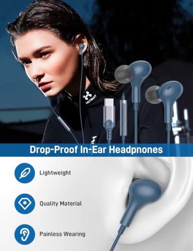 USB C Headphones for Apple/iPhone Duo 18 17 16 15 Wired Earbuds with Case - color: Lake Blue
