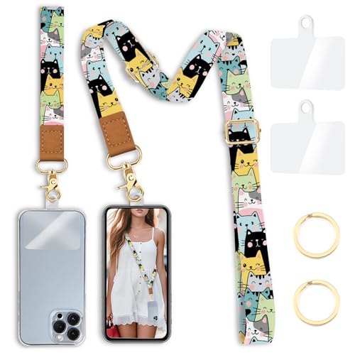 Yonlevres Phone Lanyard Crossbody Strap Wrist Neck Adjustable Women Cat - color: Cat Multi