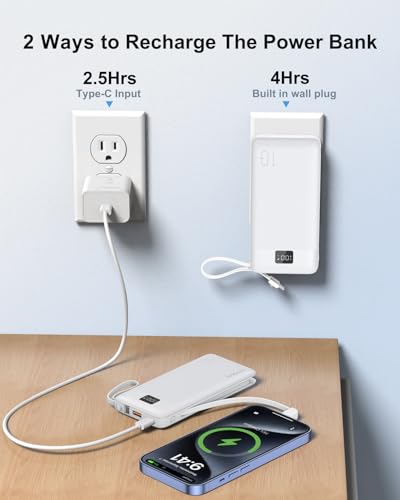 Portable Charger 10000mAh Power Bank w/Built-in 3 Cables & AC Wall Plug - color: Matte White