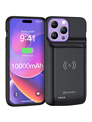 NEWDERY 10000mAh Battery Case for iPhone 14 ProMax/14Plus Qi Wireless Case | Wired Headset,Sync-Data Supported, Rechargeable Charger Cover for iPhone 14/13/12 Pro Max/14 Plus Black