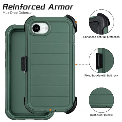 Defender Phone Case for iPhone 17e Case with Clip Holster Kickstand Green | for iPhone 17 e Case Heavy Duty iPhone17e Phone Case Rugged 2 Layers of Sturdy,Anti-Drop for Case iPhone 17eCase Protective - color: Green
