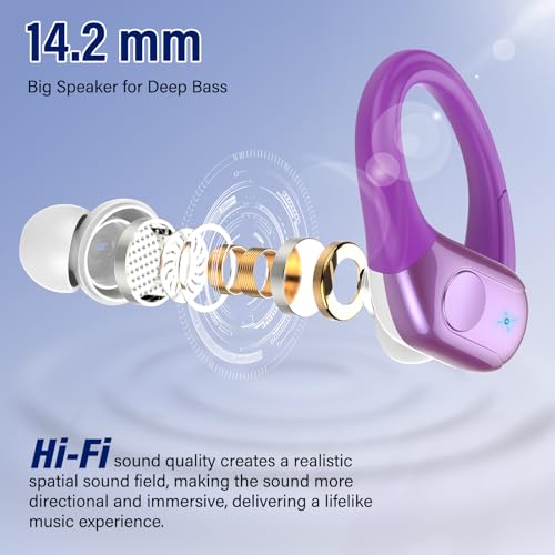 Bluetooth 5.4 Headphones Wireless Earbuds Sports, 75Hrs Bass Hi-Fi Stereo - color: Y-Starry Deep Purple
