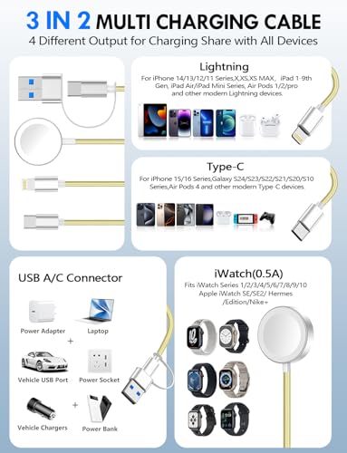 1Pack Travel Essentials for Apple Watch Charger,3-in-2 Multi Charging Cable - color: Yellow, size: 1Pack-4FT