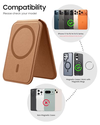 Vizvera for Magsafe Card Holder with RFID Blocking Leather Wallet Magnetic Card Holder 5 Cards for Phone Lightweight Magnetic Stand Adjustable Leather ID Window Cash Slot Magnetic Closure, Mens Gift - color: Brown