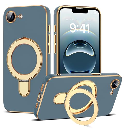 Compatible with iPhone 17E/16E Case with Magnetic Ring Stand [Compatible with Mag-Safe] [Full Camera Lens Protector] Soft Plating Phone Case for iPhone 17E/16E 6.1", Grey Blue - color: Grey Blue, size: Iphone 16E