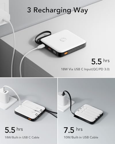 20000mAh Portable Charger Built-in Cables, 22.5W Fast Charging Power Bank - color: White