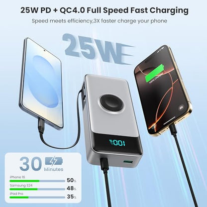 5-in-1 Portable Charger for iPhone,40800mAh Power Bank Built-in Retractable Cable and iWatch Charger,25W PD QC4.0 Fast Charging Battery Pack,Travel Essential Phone Charger for iPhone 17/16/15,Android - color: Black Sliver