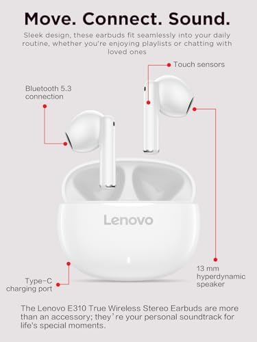 Lenovo E310 True Wireless Earbuds, Bluetooth 5.3 TWS Headphones with 13mm Drivers, AI Noise Reduction Mic, Up to 20H Battery with Case, USB-C Charging, IPX4 Water Resistant, Touch Control, White - color: White