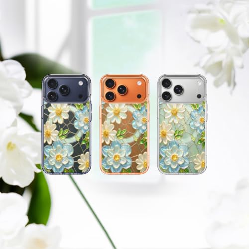 for iPhone 17 Pro Max Magnetic Case【Compatible with MagSafe】 Aesthetic Oil Painting Stained Glass Flower Design, Slim Fit Hard PC Back Shockproof Cute Clear Phone Cover, White Blue - color: White Blue, size: iPhone 17 Pro Max