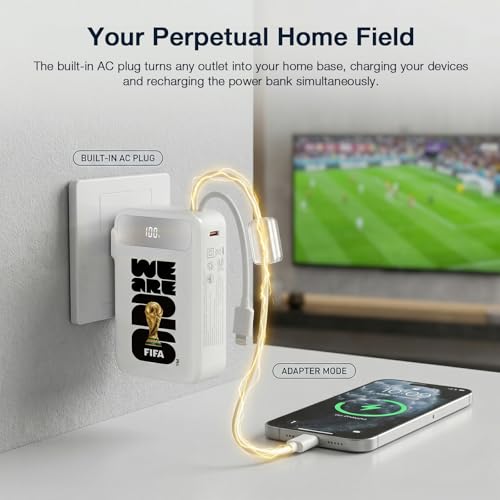 2026 FIFA Licensed Power Bank with Built-in Cable and Foldable Wall Plug, 22.5W 10000mAh Portable Charger, 3-in-1 Power Bank for iPhone 17/16 Series, FIFA World Cup 2026 Official Merchandise, White - color: White