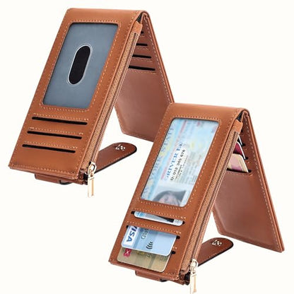 Chelmon Women's RFID Slim Card Holder Wallet | Thin Bifold Multi Card Case with Zipper Coin Pocket Purse for Women(Tan) - color: Tan