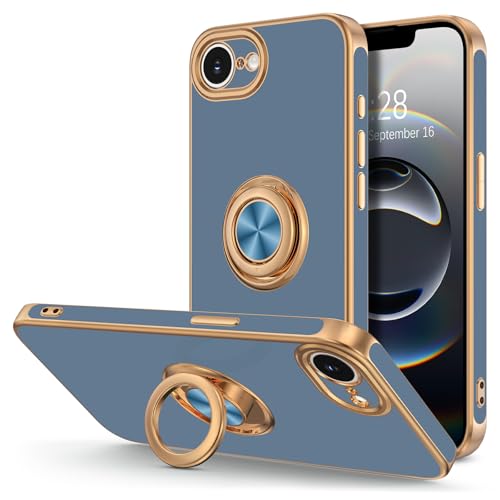 Hython for iPhone 16e Case with Ring Stand, 360° Rotatable Ring Holder Magnetic Kickstand, Plating Rose Gold Edge Soft Cover Protective Phone Case for iPhone 16e 6.1", Blue Gray - color: Blue Gray, size: Iphone 16e - 6.1 Inch