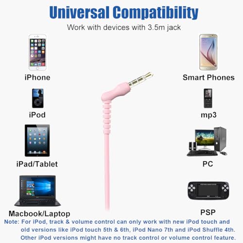 Joysico Wired Over Ear Earbuds Headphones with Mic and Volume Control Pink