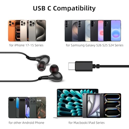 Jiunai USB C Headphones with Mic in-Ear Type C Wired Earbuds Stereo Black