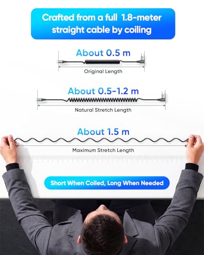 SUNGUY Long Right Angle Coiled USB C Cable 5FT [Stretches from: 1.5-4FT] - size: 6FT