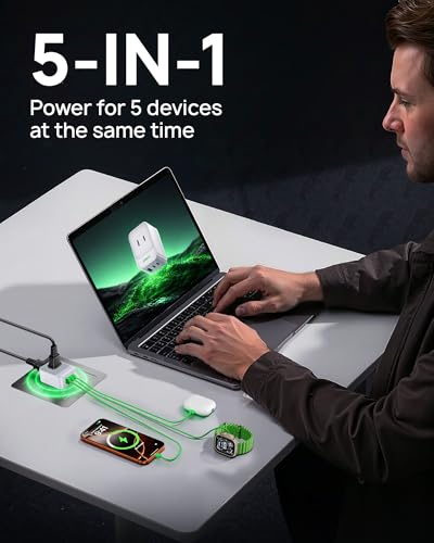 5-in-1 Wall Outlet Extender with 5 Ports 2 AC, 2 USB-C, 1 USB-A