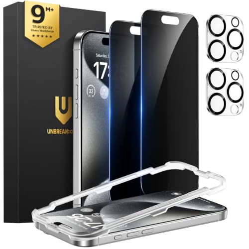 UNBREAKcable iPhone 15 Pro Privacy Screen Protector 2-Pack, Upgraded Dual-Tempered Glass + 2 Camera Lens Protectors, 25° Anti-Spy, Military-Grade 9H+, HD Clear, Anti-Fingerprint, 6.1 Inch - size: iPhone 15 Pro