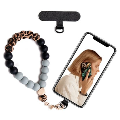Silicone Beaded Phone Wrist Strap for Women, Elastic Wristlet - color: Leopard