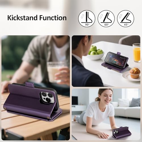 Antsturdy Compatible with MagSafe iPhone 14 Pro Wallet Case,Purple | Detachable Magnetic Credit Card Holder,RFID Blocking,PU Leather Zipper Purse,Wrist Strap Kickstand,Flip Phone Cover for Women - color: (Detachable with Magsafe)-Purple
