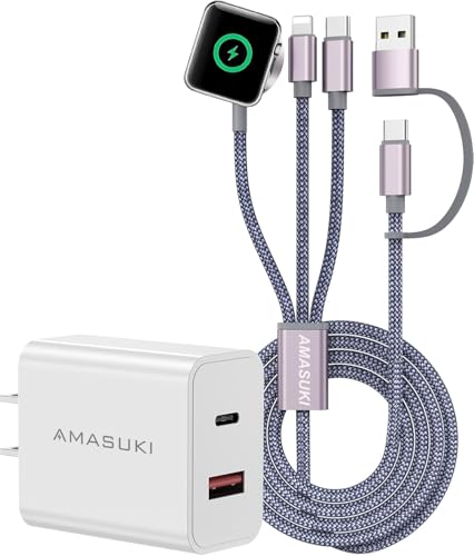 Multi Charging Cable for Apple Watch Charger iPhone Charger PD20W USB C/A Charger Block Fast Charging Compatible with iWatch Ultra/SE/9/8/7/6/5/4/3/2/1 & iPhone 15/14/13/12/Galaxy S23-4FT, Grey