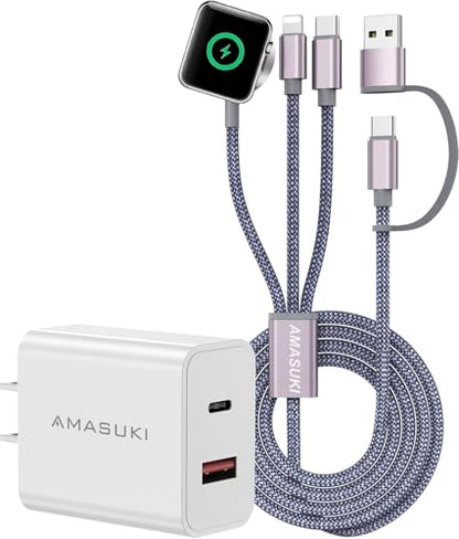 Multi Charging Cable for Apple Watch Charger iPhone Charger PD20W USB C/A Charger Block Fast Charging Compatible with iWatch Ultra/SE/9/8/7/6/5/4/3/2/1 & iPhone 15/14/13/12/Galaxy S23-4FT, Grey