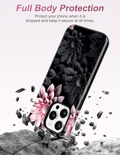 Jusy Magnetic Floral Phone Case for iPhone 14 Pro,Black Pink | Compatible with MagSafe, Cute Aesthetic Floral Design, TPU and PC Protective Shockproof Cover - color: Black Pink Lotus