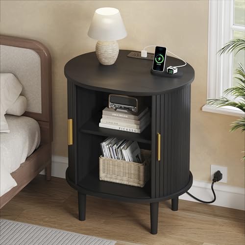 DHH Mid Century Modern Nightstand with Charging Station, Fluted Accent Side Table with Sliding Door & Adjustable Shelf, End Table for Small Space, Living Room, Bedroom,Sofa Couch (1, Black) - color: Black