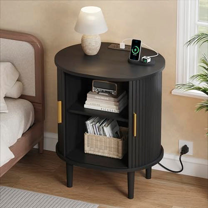 DHH Mid Century Modern Nightstand with Charging Station, Fluted Accent Side Table with Sliding Door & Adjustable Shelf, End Table for Small Space, Living Room, Bedroom,Sofa Couch (1, Black) - color: Black